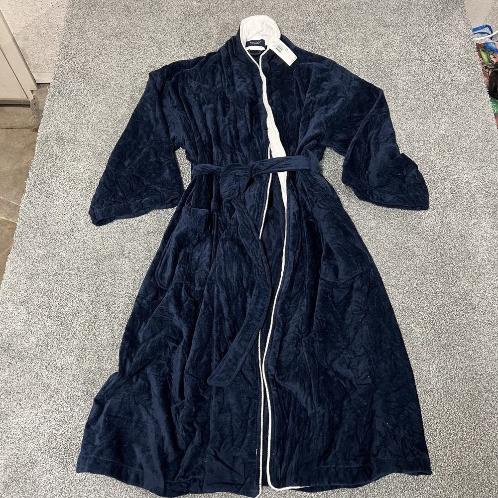 Nautica Sleepwear Mens Plush Bathrobe One Size Navy Blue White 554416 NWT